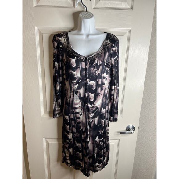 CustoLine Women's Custo Barcelona Feather Print Dress Black/Purple NEW ~ Size 3 - Picture 1 of 5